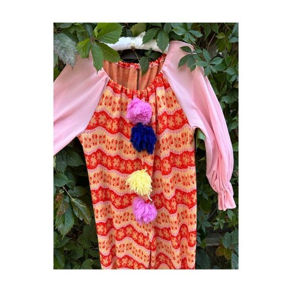 Vintage 70s Handmade Knit Clown Costume PomPoms 2 Hats Pink Red Yellow - Picture 4 of 16